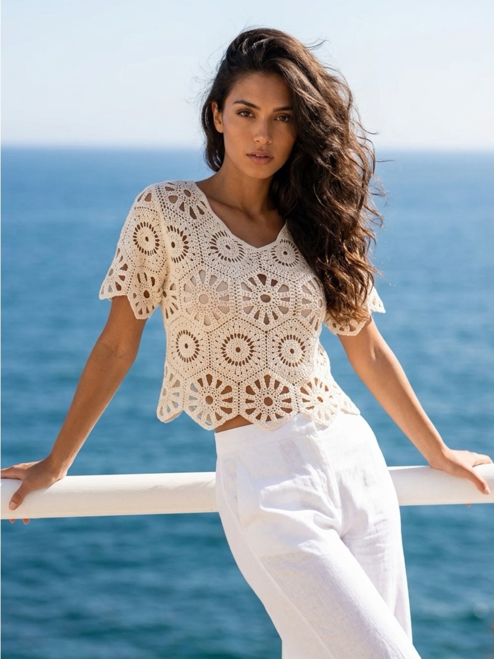 Rebellion Again Womens Medium Lace Crochet Open Knit Cream Cropped Top Boho